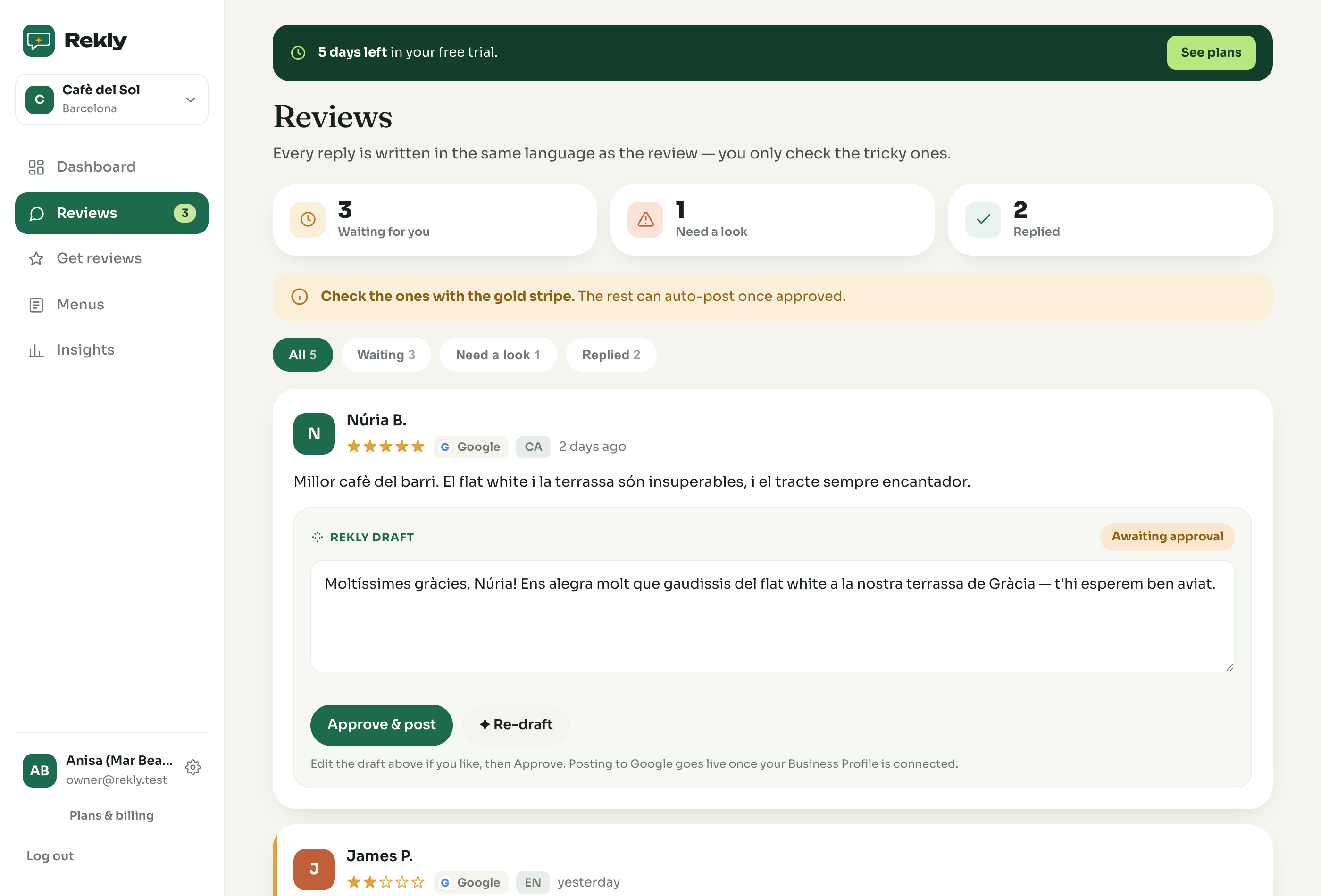 The Rekly reviews inbox — a reply drafted in each guest's language, waiting for approval